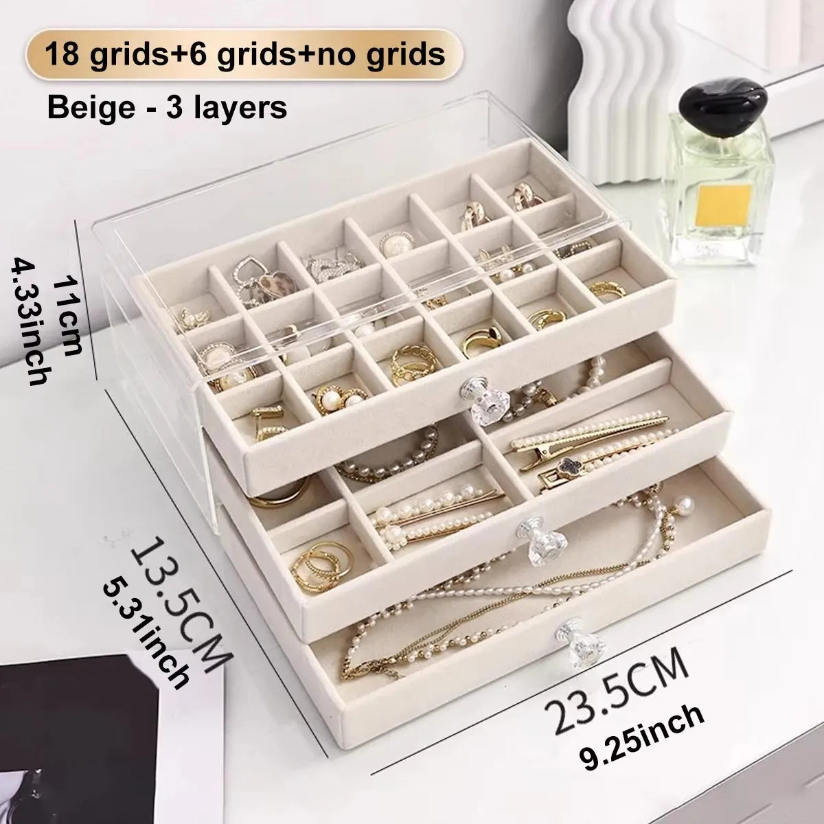 1pc can stack 3 layers of beige/gray drawer style jewelry box earrings rings necklaces bracelets organizing box