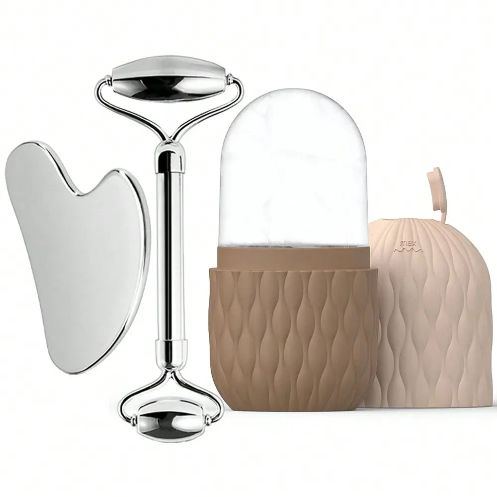 Ice Face Roller & Stainless Steel Gua Sha Tool Set, Facial Massager Ice Roller Skin Care Tool Beauty Set Lifting Contouring Tool