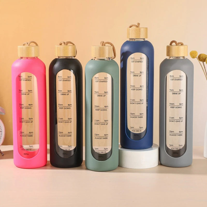 32oz 1L Time-marked Glass Water Bottles Portable Drink Bottle Bamboo Lid Free of Lead Motivational Sport Silicone Sleeve Bottle
