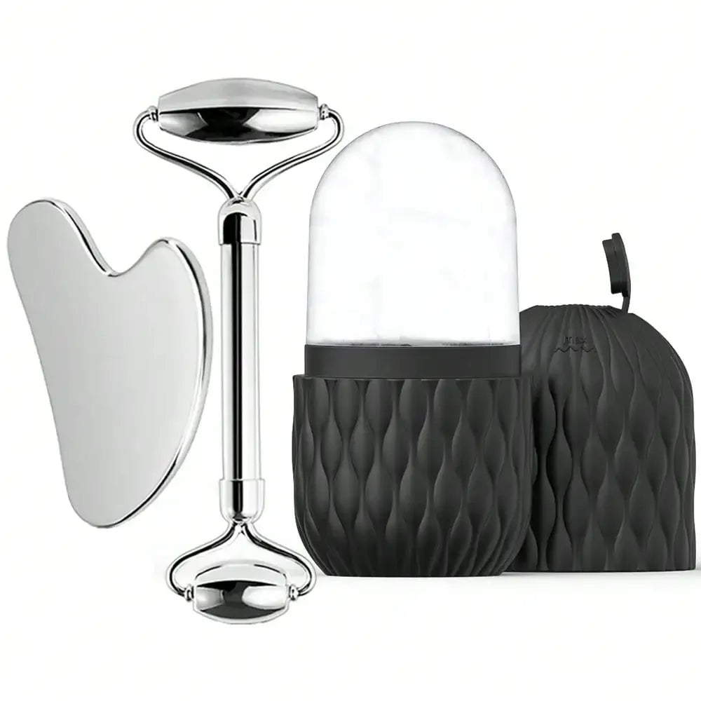 Ice Face Roller & Stainless Steel Gua Sha Tool Set, Facial Massager Ice Roller Skin Care Tool Beauty Set Lifting Contouring Tool