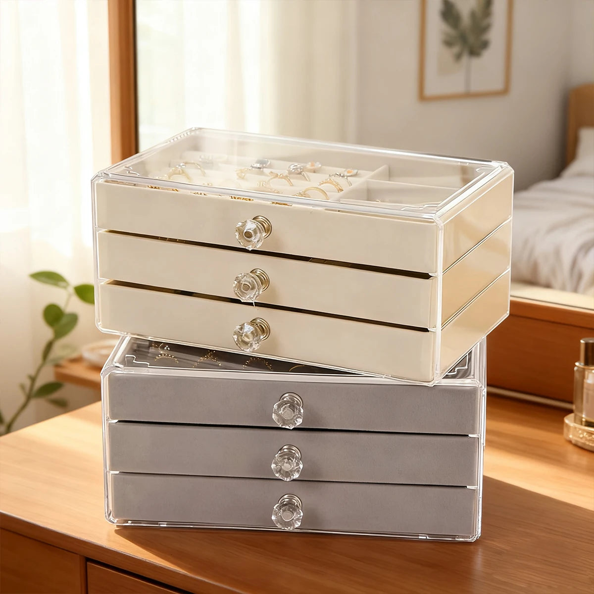 1pc can stack 3 layers of beige/gray drawer style jewelry box earrings rings necklaces bracelets organizing box