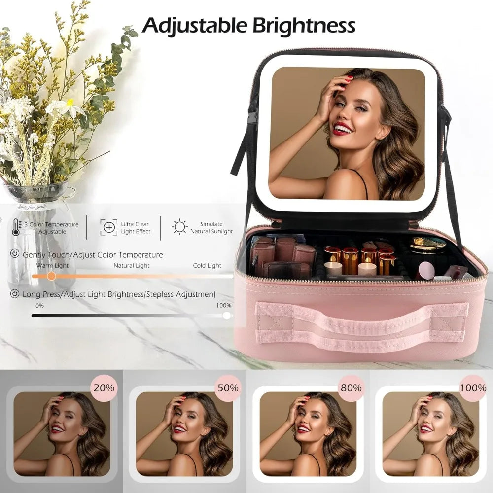 Makeup Bag with LED Mirror Travel Large Train Case Cosmetic Organizer Make Up Bags with 3 Color Lights and Adjustable Dividers