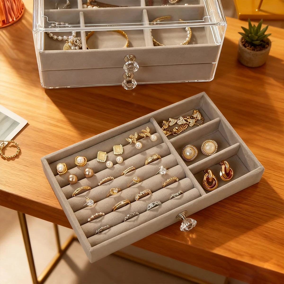 1pc can stack 3 layers of beige/gray drawer style jewelry box earrings rings necklaces bracelets organizing box