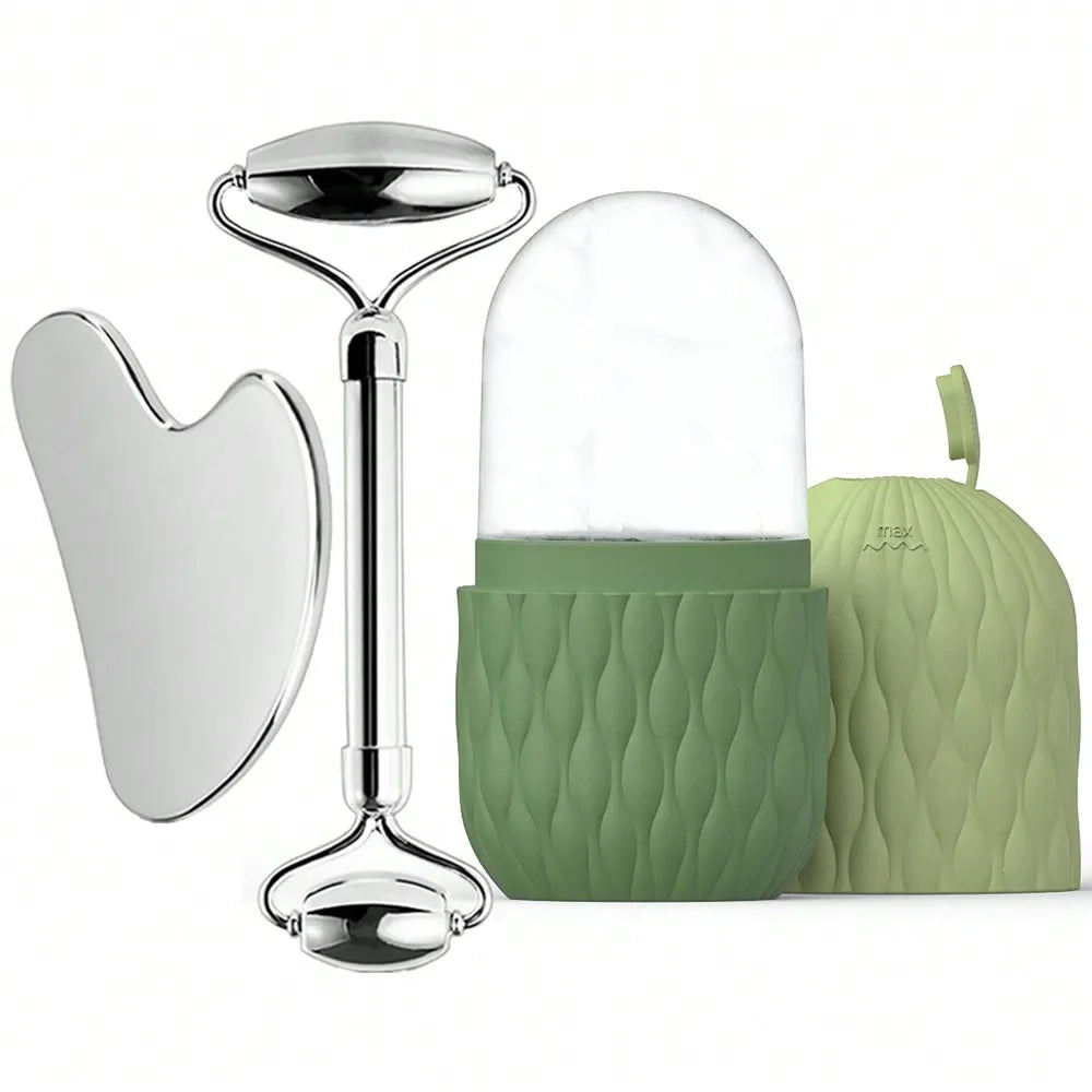 Ice Face Roller & Stainless Steel Gua Sha Tool Set, Facial Massager Ice Roller Skin Care Tool Beauty Set Lifting Contouring Tool