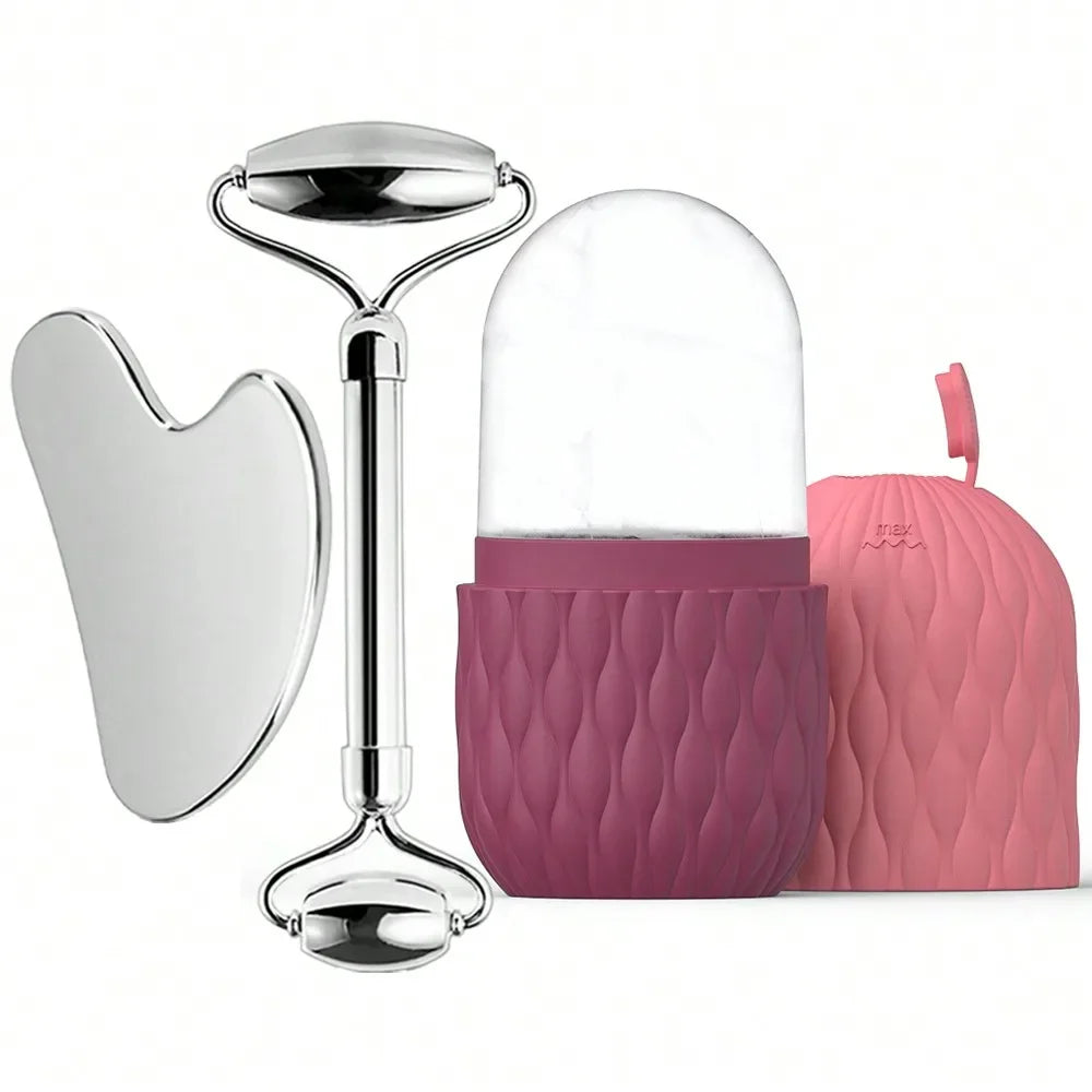 Ice Face Roller & Stainless Steel Gua Sha Tool Set, Facial Massager Ice Roller Skin Care Tool Beauty Set Lifting Contouring Tool