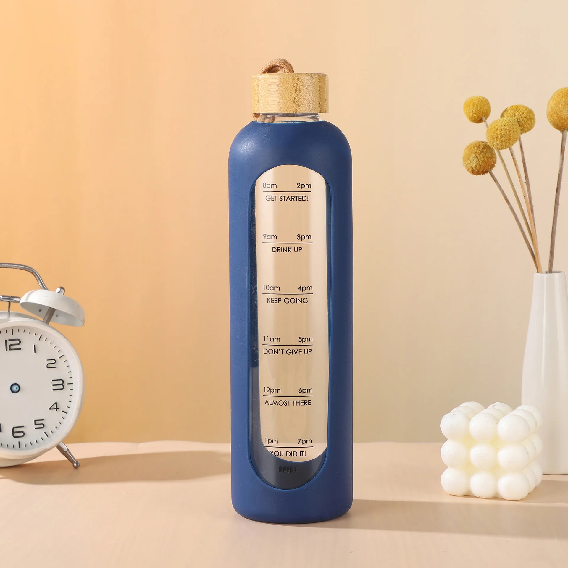 32oz 1L Time-marked Glass Water Bottles Portable Drink Bottle Bamboo Lid Free of Lead Motivational Sport Silicone Sleeve Bottle