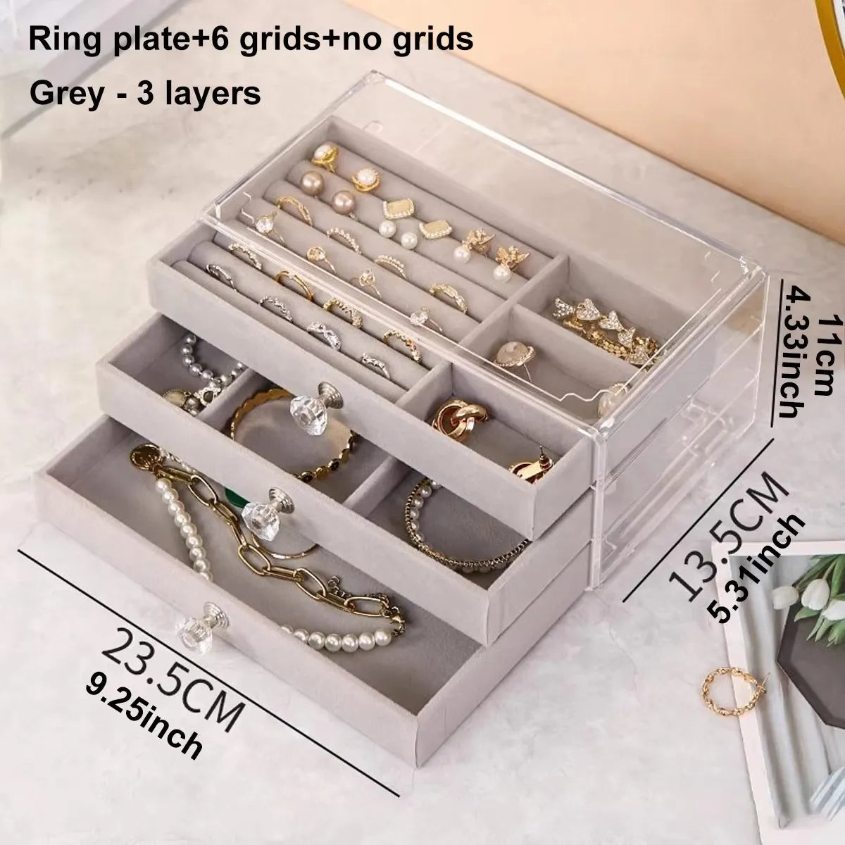 1pc can stack 3 layers of beige/gray drawer style jewelry box earrings rings necklaces bracelets organizing box