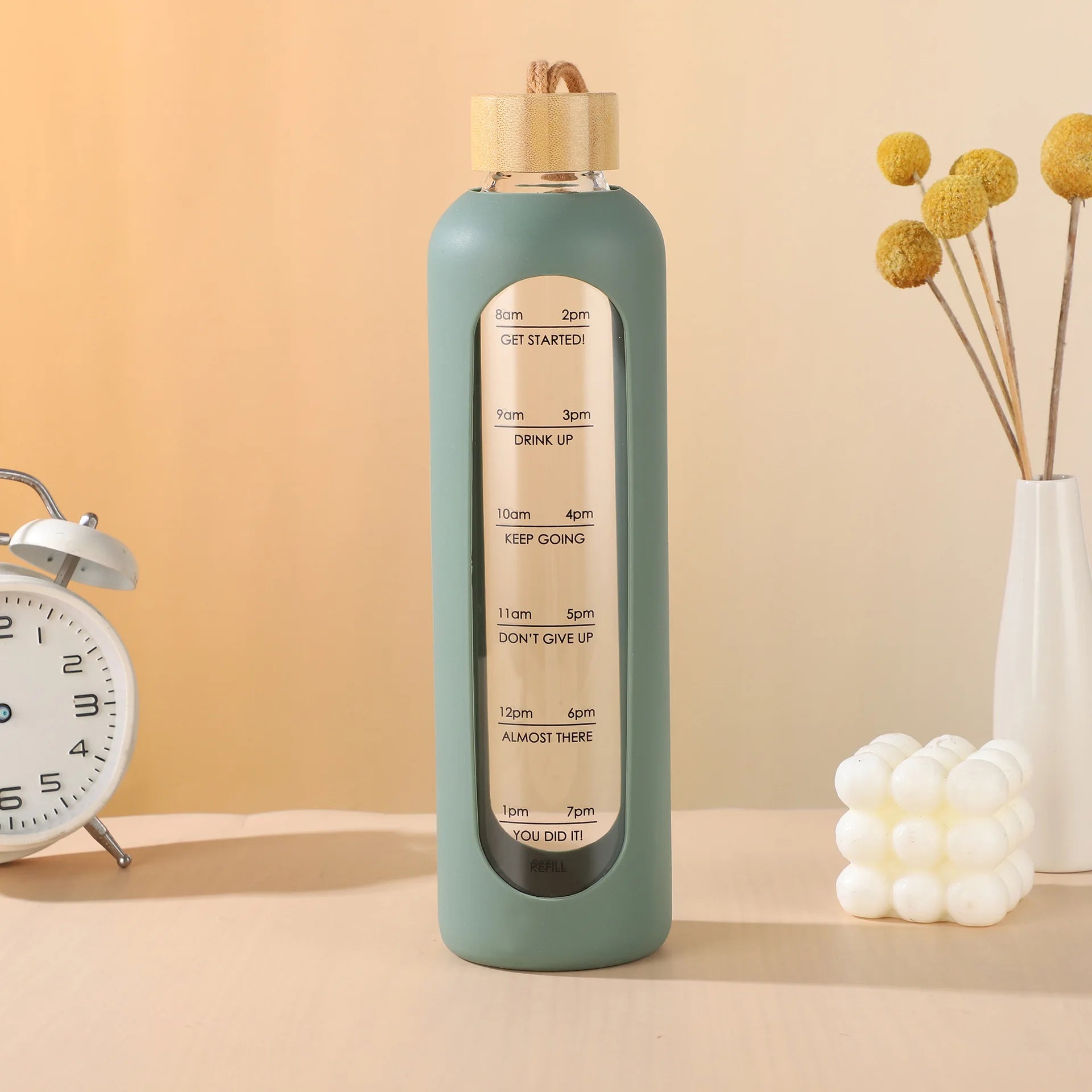 32oz 1L Time-marked Glass Water Bottles Portable Drink Bottle Bamboo Lid Free of Lead Motivational Sport Silicone Sleeve Bottle