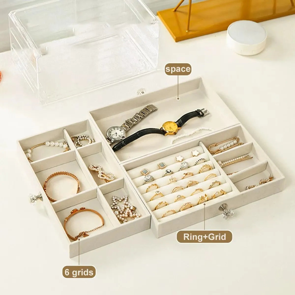 1pc can stack 3 layers of beige/gray drawer style jewelry box earrings rings necklaces bracelets organizing box