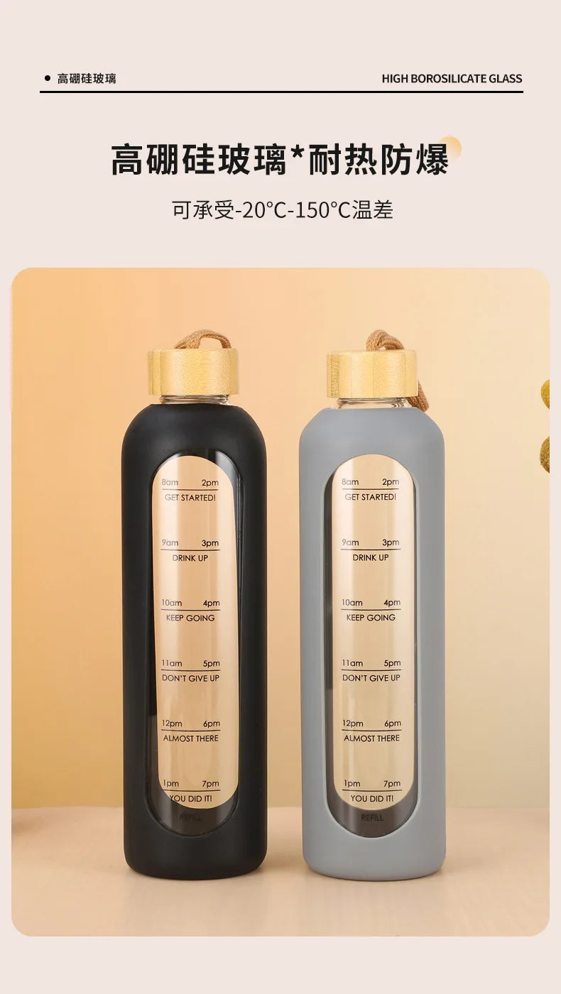 32oz 1L Time-marked Glass Water Bottles Portable Drink Bottle Bamboo Lid Free of Lead Motivational Sport Silicone Sleeve Bottle