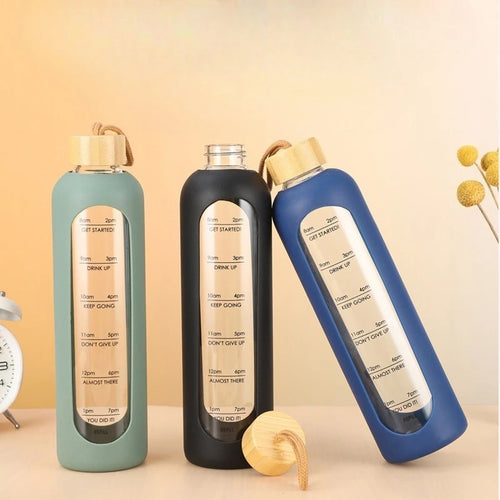 32oz 1L Time-marked Glass Water Bottles Portable Drink Bottle Bamboo Lid Free of Lead Motivational Sport Silicone Sleeve Bottle