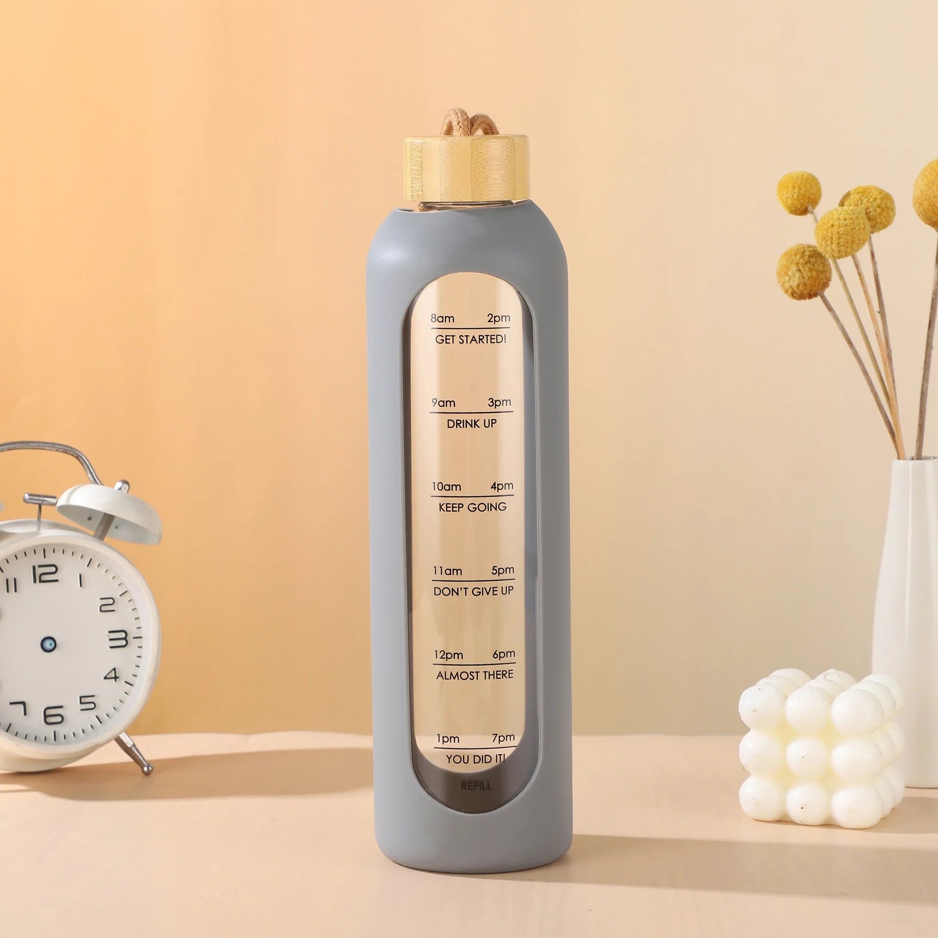 32oz 1L Time-marked Glass Water Bottles Portable Drink Bottle Bamboo Lid Free of Lead Motivational Sport Silicone Sleeve Bottle