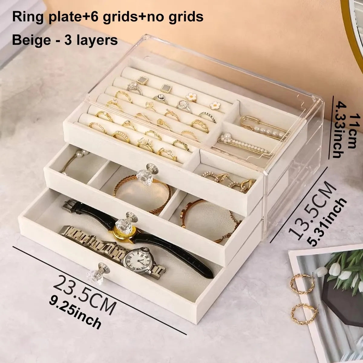 1pc can stack 3 layers of beige/gray drawer style jewelry box earrings rings necklaces bracelets organizing box